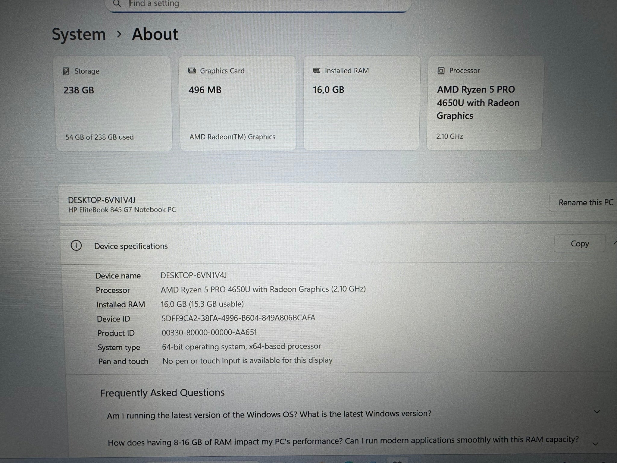 HP Elitebook 845 G7/14.0 IPS/AMD RYZEN 5-4650U/16GB/256GB/LK
