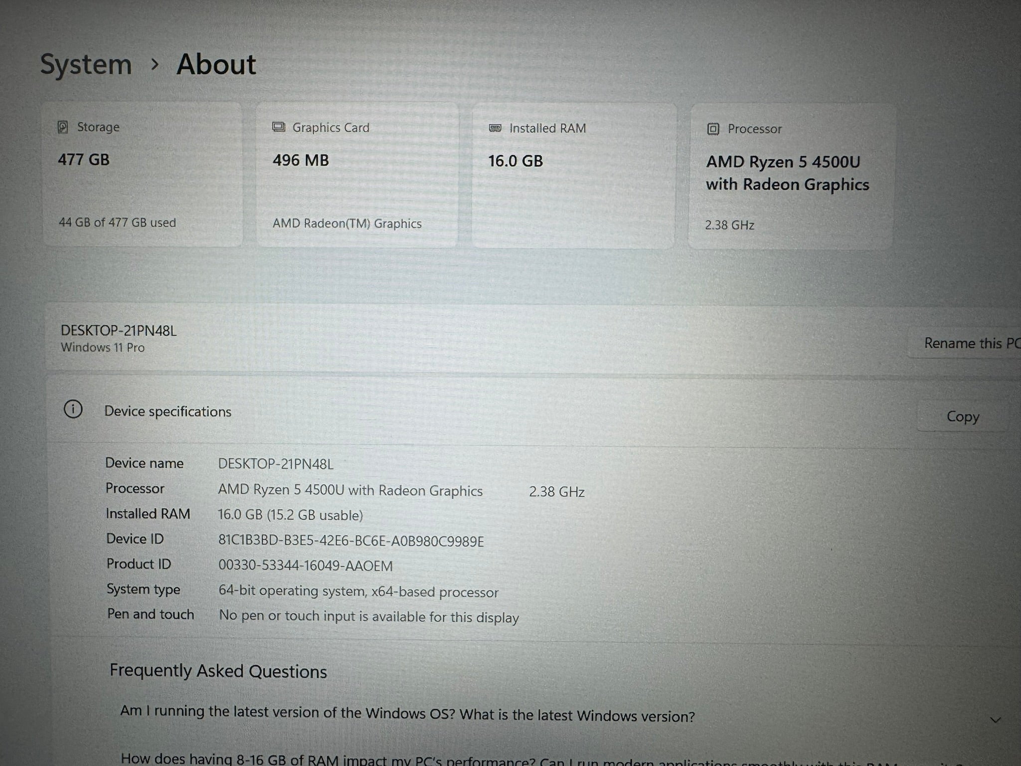LENOVO Thinkpad/15.6 FHD IPS/AMD RYZEN 5-4500U/16GB/SSD 512